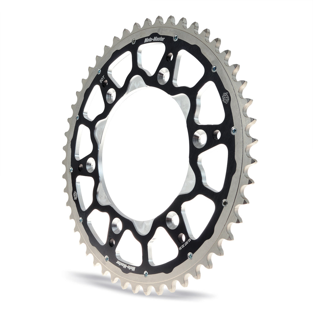 "Catalina bimetalica Moto-Master Fusion 51T negra instalada en Suzuki RMZ450"

"Corona sprocket dual ring acero aluminio 7075 Motocross Moto Master RM250 49T"

"Upgrade transmision enduro catalina bi-metalica ligera duradera Suzuki DRZ400"